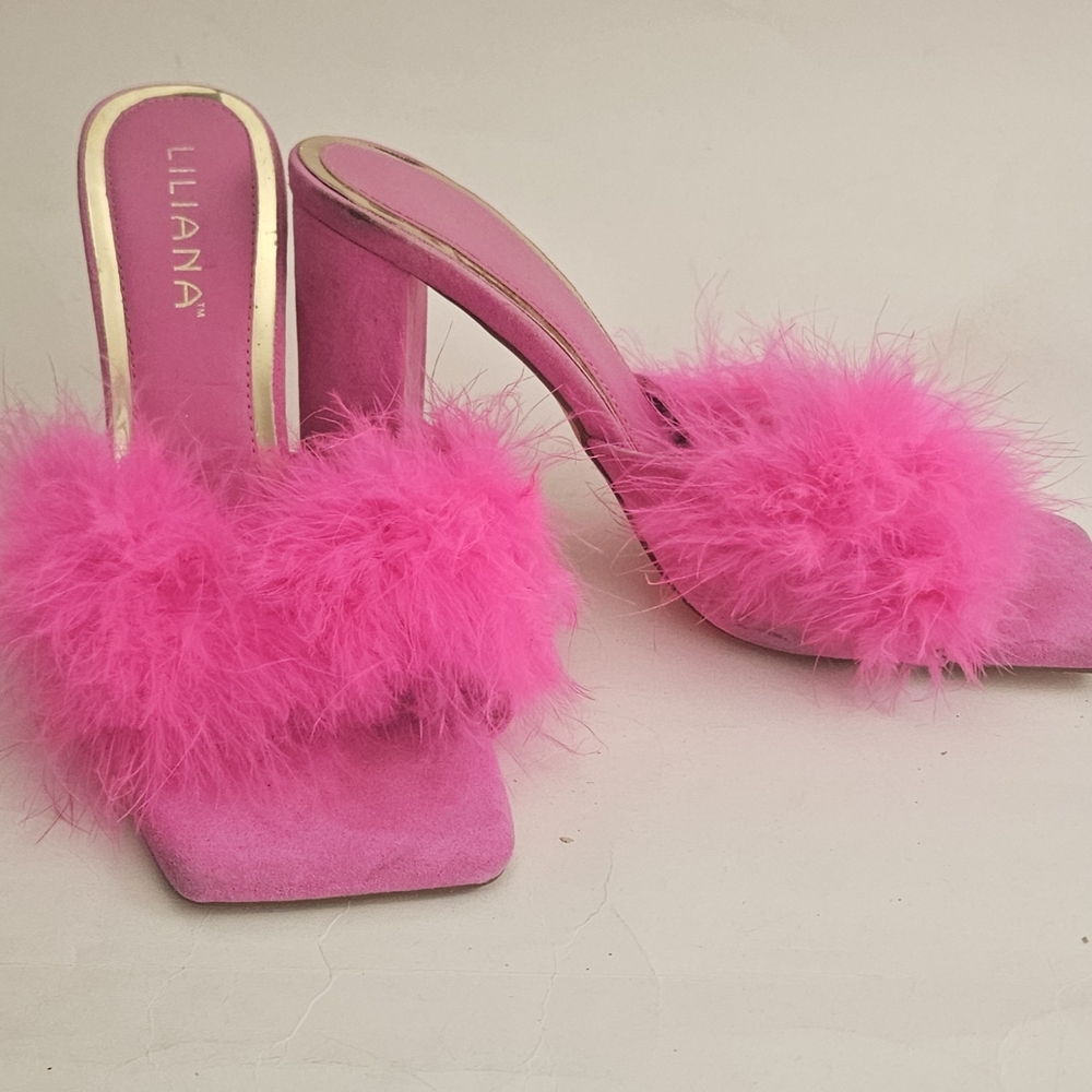Liliana bright pink maribou feather 4" high square toe mules, size 10 - Picture 2 of 15